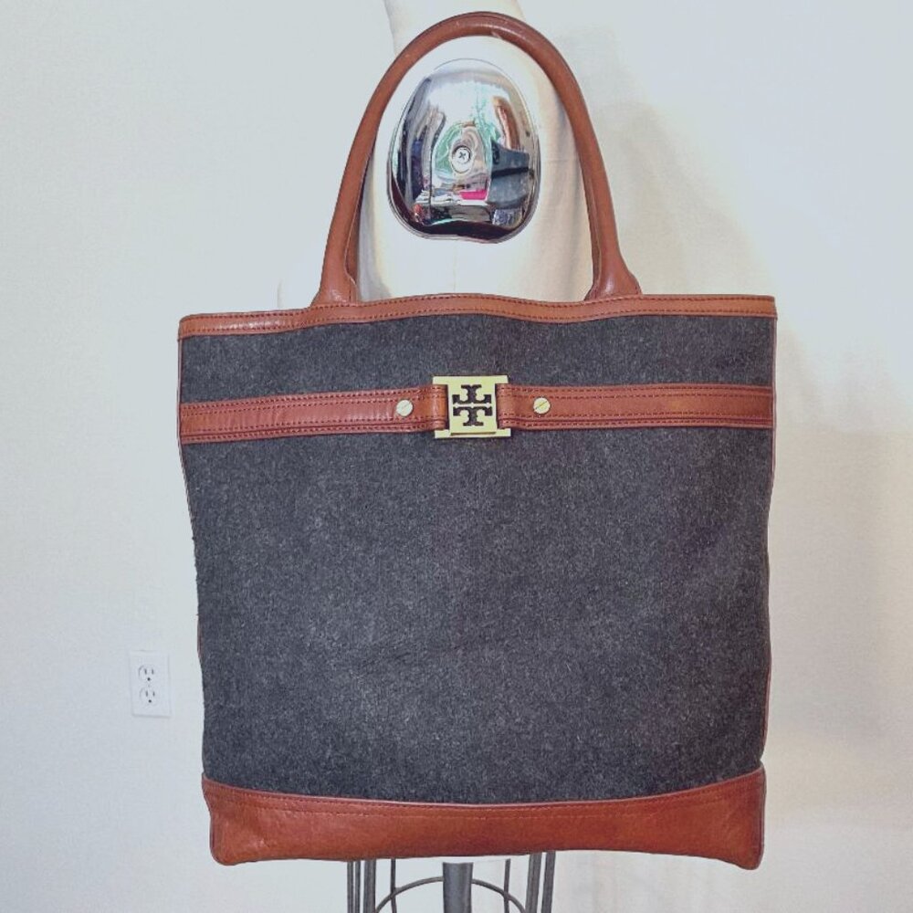 TORY BURCH charcoal grey Wool and brown Leather Tote & Shoulder Bag EUC